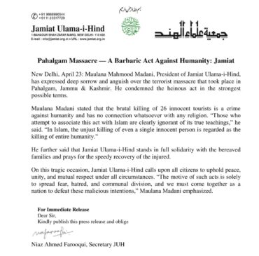 Jamiyat On Pahalgam Terrorist Attack 