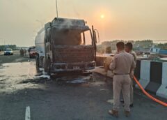 A tanker carrying oil to the airport caught fire
