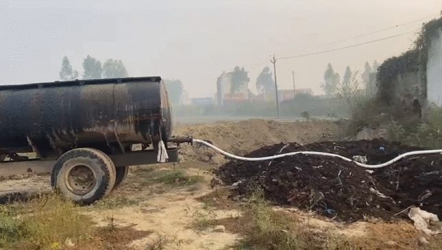 Smelly tyre oil is being dumped into potholes and the pollution control department is just making excuses and issuing warnings.
