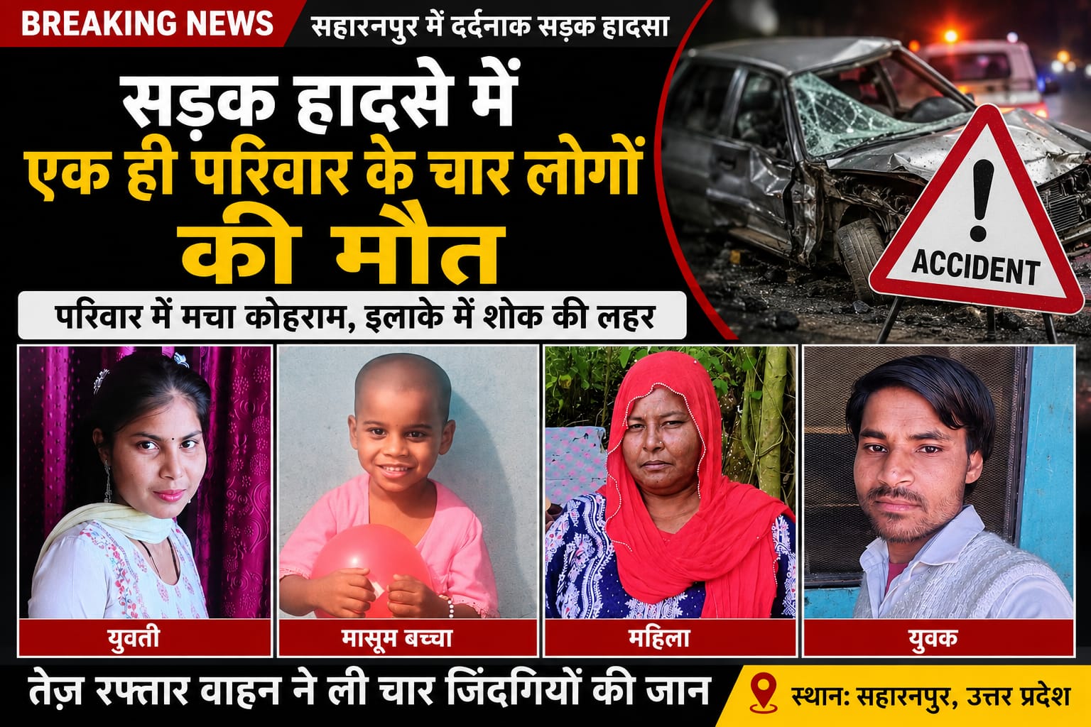 सड़क हादसे में बच्ची समेत एक परिवार चार लोगों की दर्दनाक मौत, क्रेटा कार की टक्कर हादसा, गांव में पसरा मातम